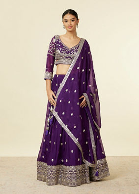 alt message - Mohey Women Purple Organza Lehenga with Embroidery image number 0